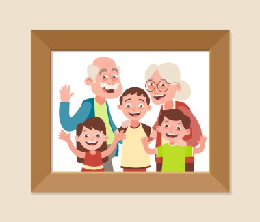 Dedesi ve torun çerçeveli fotoğraf. Büyükbaba ve Büyükanneler Günü kutlama. Mutlu dedesi ve çocuklar. Vektör çizim karikatür tarzı.