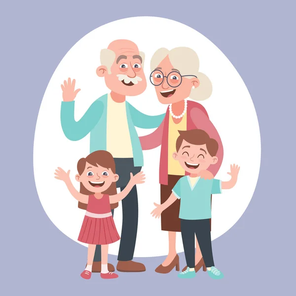 幸せな祖父母と つの小さな孫の肖像画 幸せな祖父母の日のコンセプトです 漫画のスタイルのベクトル図 — ストックベクタ