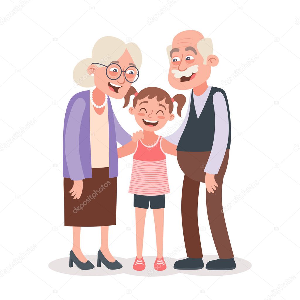 Grandparents and granddaughter portrait. Grandparents day concept. Vector illustration in cartoon style, isolated on white background. 