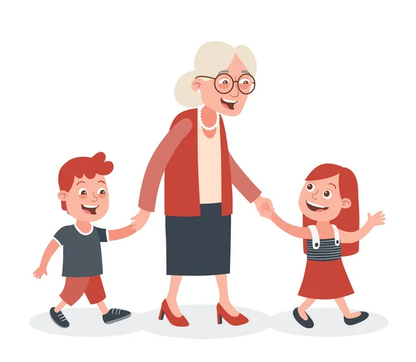 Großmutter Mit Ihren Enkeln Beim Gehen Sie Nimmt Sie Der — Stockvektor