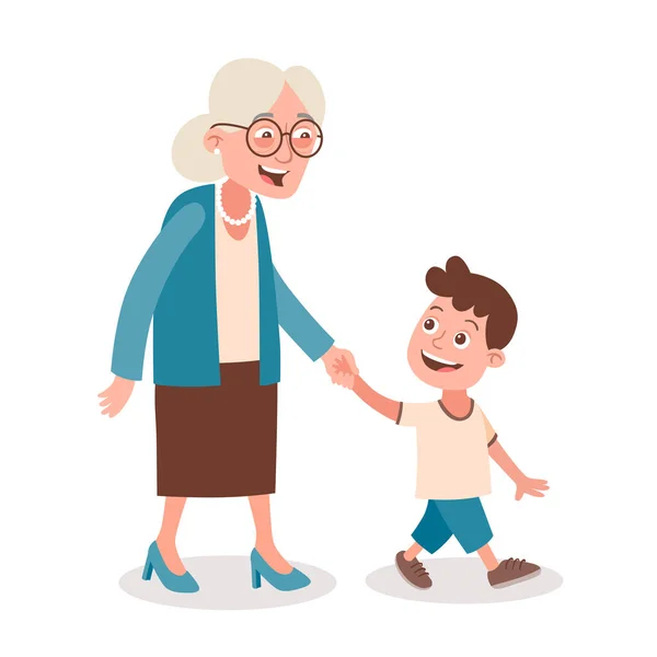 Großmutter Und Enkel Gehen Und Sprechen Sie Nimmt Ihn Der — Stockvektor