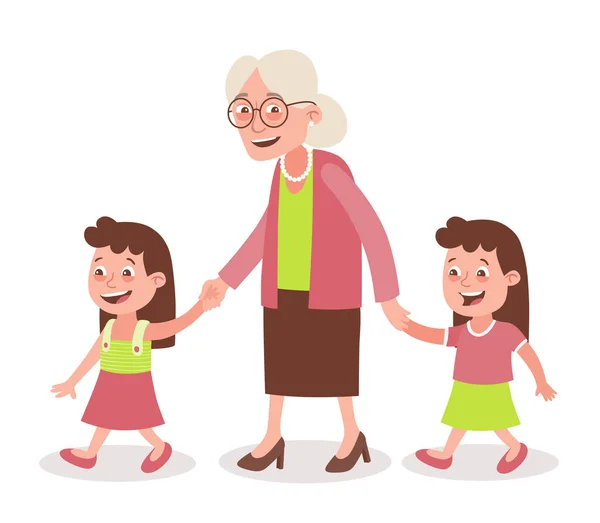 Torunlarını Yürüyüş Ile Büyükanne Kız Ikizler Onları Elinden Alır Beyaz — Stok Vektör