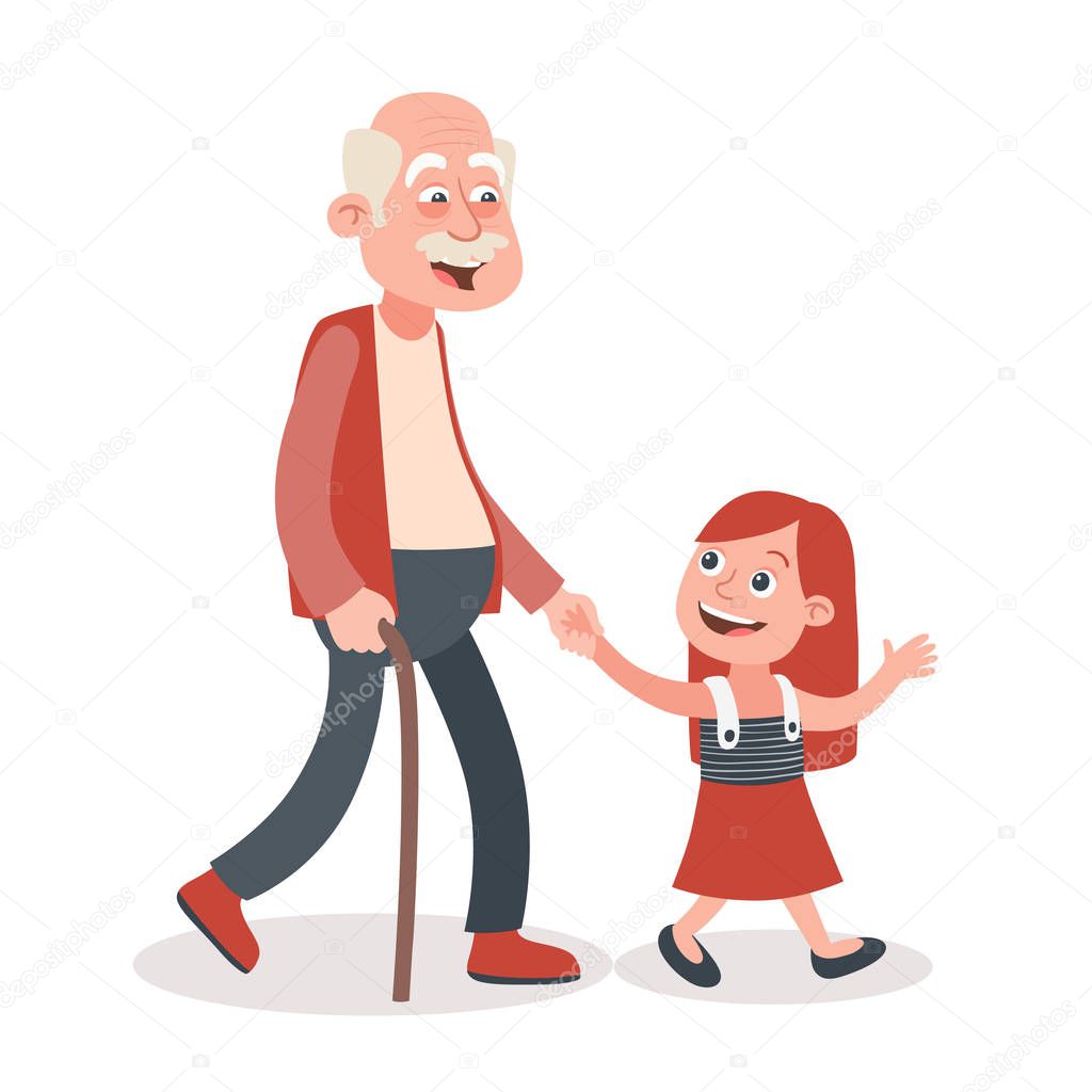 Grandfather and granddaughter walking and speaking, he takes her by the hand. Cartoon style, isolated on white background. Vector illustration.