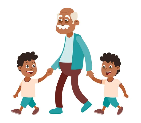 Dedesi Torunları Yürüyüş Ile Erkek Ikizler Onları Elinden Tutup Götürüyor — Stok Vektör