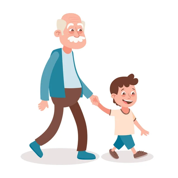 Großvater Und Enkel Gehen Nimmt Ihn Der Hand Cartoon Stil — Stockvektor