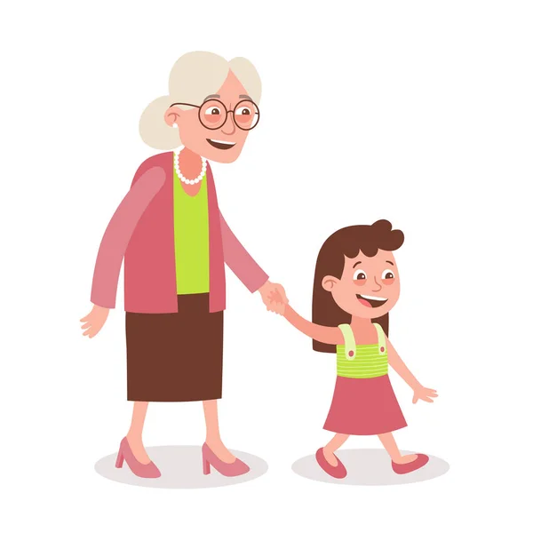 Nonna Nipote Che Camminano Prende Mano Stile Cartone Animato Isolato — Vettoriale Stock