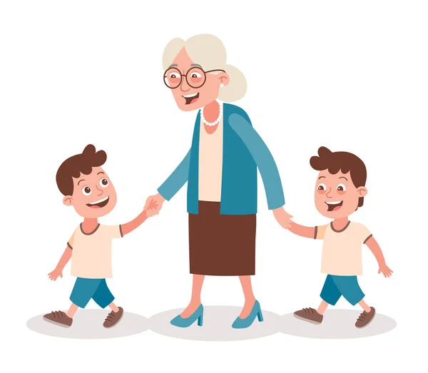 Nonna Con Nipoti Che Camminano Prende Mano Due Ragazzi Due — Vettoriale Stock