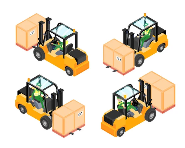 Ισομετρική Κίτρινο Forklift Που Απομονώνονται Λευκό Φόντο Φόρτωση Γερανό Όλες — Διανυσματικό Αρχείο