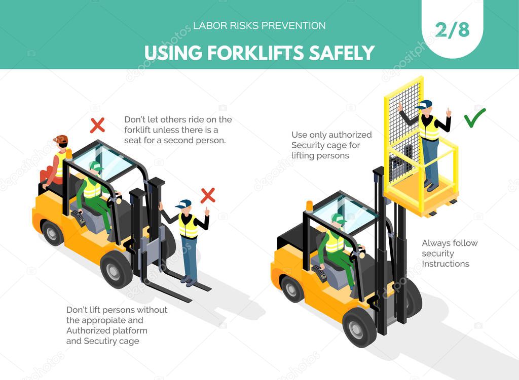 Recomendatios about using forklifts safely. Labor risks prevention concept. Isometric design isolated on white background. Vector illustration. Set 2 of 8.