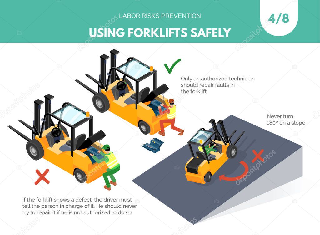 Recomendatios about using forklifts safely. Labor risks prevention concept. Isometric design isolated on white background. Vector illustration. Set 4 of 8