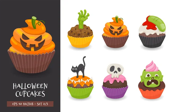 Ensemble Cupcakes Halloween Desserts Effrayants Mignons Parfait Pour Les Invitations — Image vectorielle