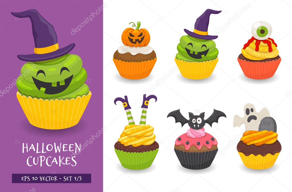 Halloween cupcake set. Cute scary desserts, perfect for party invitations. Vector illustration isolated on a white background. Set 1 of 3.