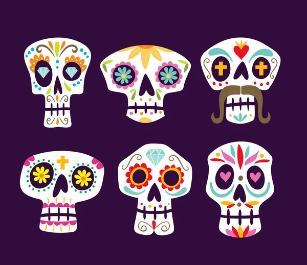 Färgglada Mexikansk Dödskalle Samling Söta Tecknade Sugar Skulls Isolerade Lila — Stock vektor