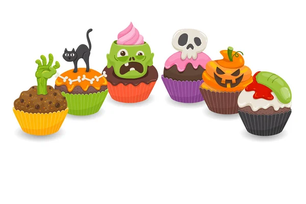 Fond Halloween Avec Six Cupcakes Halloween Effrayant Isolé Sur Fond — Image vectorielle
