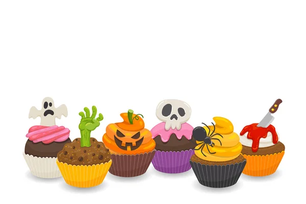 Fond Halloween Avec Six Cupcakes Drôles Isolés Sur Fond Blanc — Image vectorielle