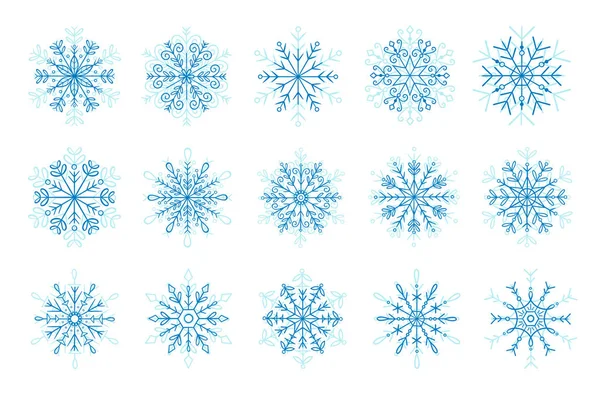 Handgezeichnetes Blaues Schneeflockensymbol Set Vektordarstellung Isoliert Auf Weißem Hintergrund — Stockvektor