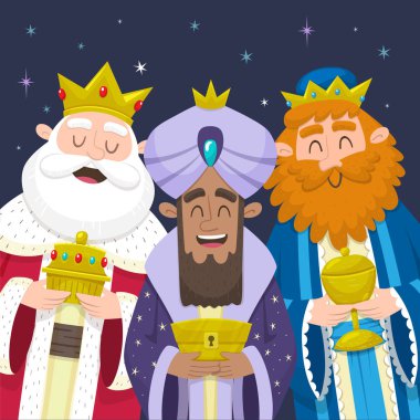 Funny portrait of Three Wise Men, the three Kings. Melchior, Gaspard and Balthazar smiling and bringing presents for Jesus. Vector illustration. clipart