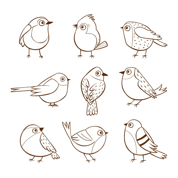 Pajaritos Tiernos Dibujados Mano Diferentes Poses Aislados Sobre Fondo Blanco — Vector de stock