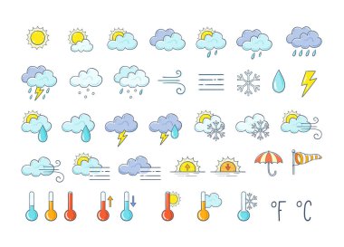 Renkli hava Icons set. Beyaz arka planda, mobil uygulamalar ve aletler için mükemmel izole elle çizilmiş hava tahmini tasarım öğeleri. Güneş, bulutlar, kar taneleri, fırtına, Rüzgar, yağmur ve diğer simgeleri içerir.