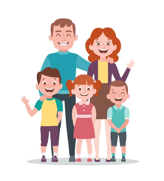 Illustrazione vettoriale ritratto di famiglia. Genitori con tre figli . — Vettoriale Stock