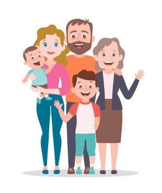 Aile portresi. Anne, baba, büyükanne ve iki çocuk. Birlikte duran aile üyelerinin tam uzunlukta portre. Karikatür tarzında vektör illüstrasyon.