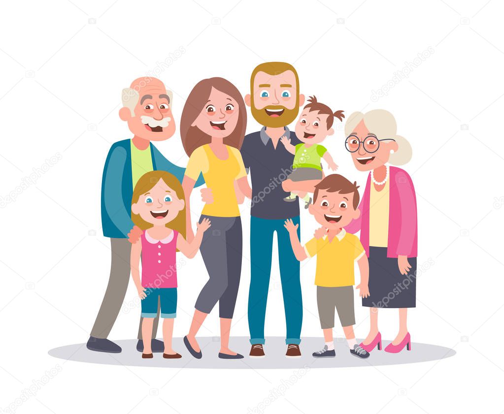 Family portrait. Parents, children and grandparents. Multi-generational family. Full lenght portrait of family members standing together. Vector illustration in cartoon style isolated on white.