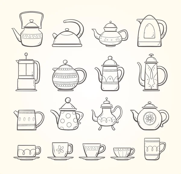 Raccolta di teiere e tazze disegnate a mano — Vettoriale Stock