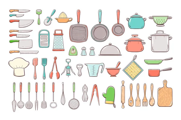 Fournitures de cuisine dessinées à la main — Image vectorielle