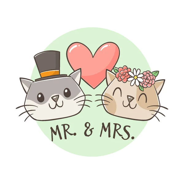 猫さんと結婚する ブライダル式の帽子をかぶったかわいい手描きの素敵な猫 猫好きのコンセプト 夫婦と結婚の概念 漫画のベクターイラスト グリーティングカード Tシャツ 装飾要素 ペットデザイン製品に最適です — ストックベクタ