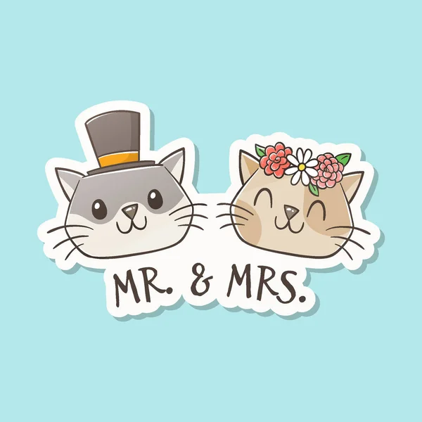 Sra Cat Casan Lindos Gatos Encantadores Dibujados Mano Con Sombreros — Vector de stock