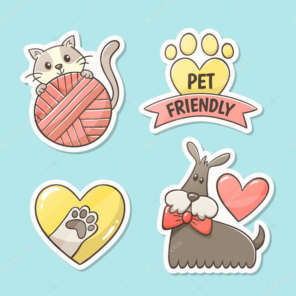Pet friendly stickers. Hand-drawn cute label design: cat with ball of wool, pet paw inside a heart, footprint with the text 