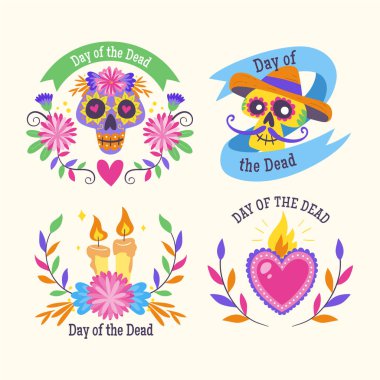 Ölüm Günü - Dia de los Muertos Etiketleri. İngilizce yazılmış Meksikalı karikatür etiketleri. Şirin vektör illüstrasyonu.