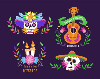Ölüm Günü - Dia de los Muertos Etiketleri. İspanyolca yazılmış Meksikalı karikatür etiketleri. Şirin vektör illüstrasyonu.