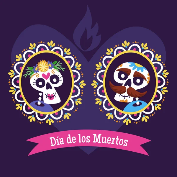 Day Dead Dia Los Muertos Label Cartone Animato Messicano Teschio — Vettoriale Stock