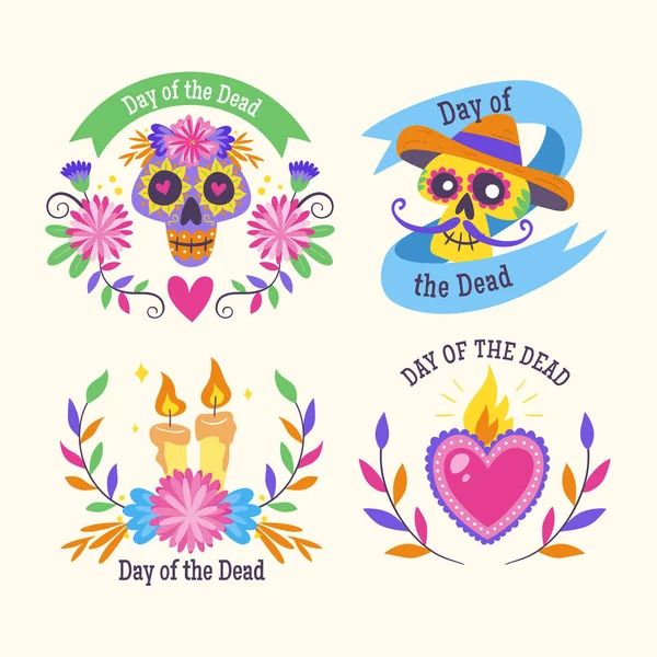 Ölüm Günü - Dia de los Muertos Etiketleri. İngilizce yazılmış Meksikalı karikatür etiketleri. Şirin vektör illüstrasyonu.