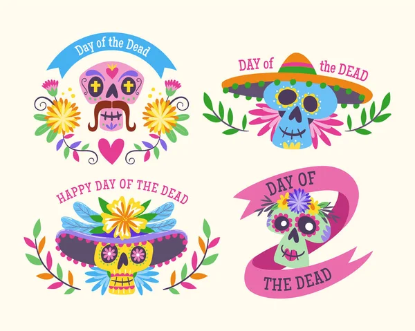 Dag Van Doden Dia Los Muertos Labels Cartoon Mexicaanse Labels — Stockvector