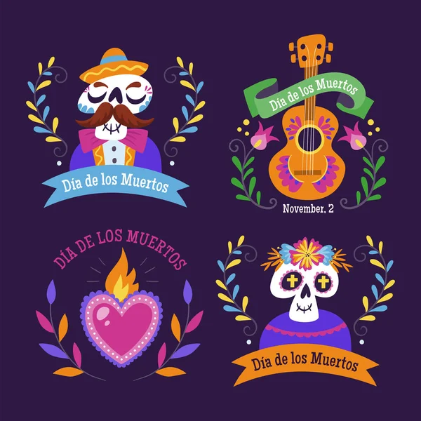 Day Dead Dia Los Muertos Labels Kreslené Mexické Etikety Textem — Stockový vektor