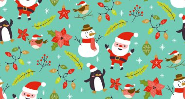 Güzel Noel karakterleri ve bitkileriyle kusursuz bir Noel deseni. Turkuaz arka plan. EPS 10 vektör illüstrasyonu.