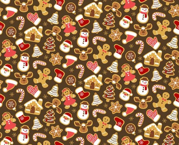 Vánoční Bezešvé Vzor Perníkové Sušenky Izolované Tmavohnědém Pozadí Teplé Barvy — Stockový vektor