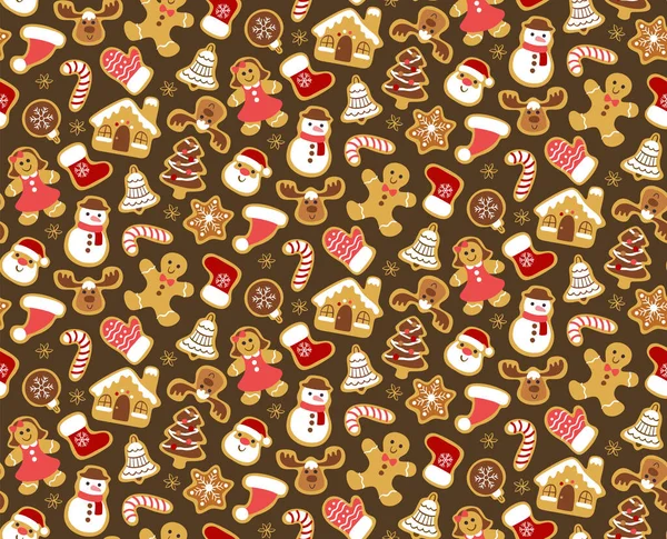 Christmas Seamless Pattern Gingerbread Cookies Isolated Dark Brown Background Warm — Stock Vector