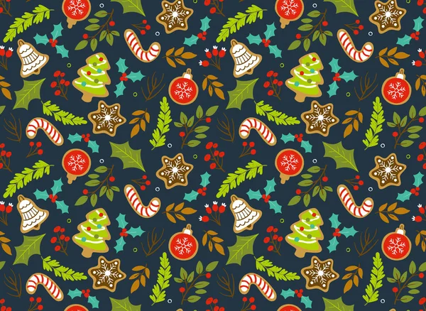 Christmas Seamless Pattern Seasonal Leaves Branches Cookies Dark Blue Background — Stock Vector