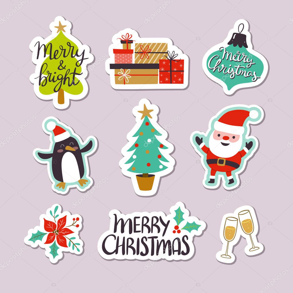 Collection of Christmas stickers with cute letterings, character designs and elements. Eps10 vector illustration.