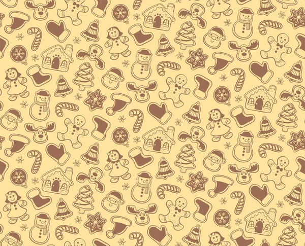 Christmas Seamless Pattern Hand Drawn Gingerbread Cookies Isolated Yellow Background — Stock Vector