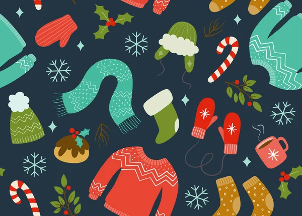 Vánoční Bezešvý Vzor Zimním Oblečením Doplňky Tmavě Modré Pozadí Buďte — Stockový vektor