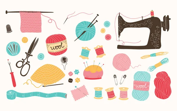 Güzel el yapımı örgü ve dikiş seti. Yüzey tasarımları, baskılar ve el işi projeleri için mükemmel. Toplam 35 parça. Vektör illüstrasyonu.