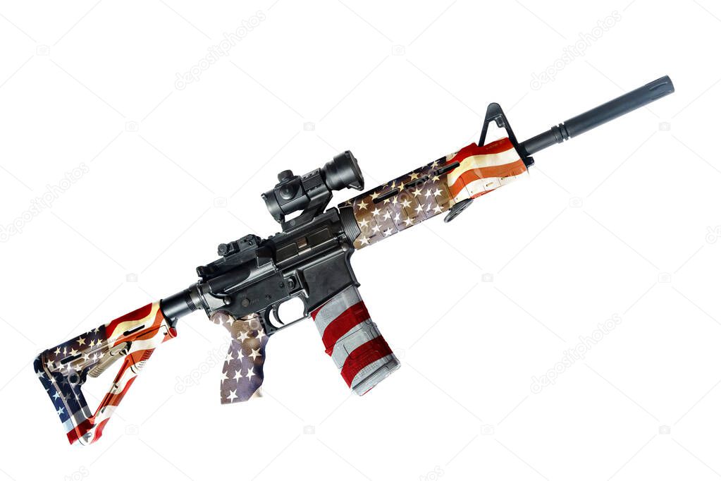 An AR15 Assault rifle painted in the stars and stripes isolated on a white background