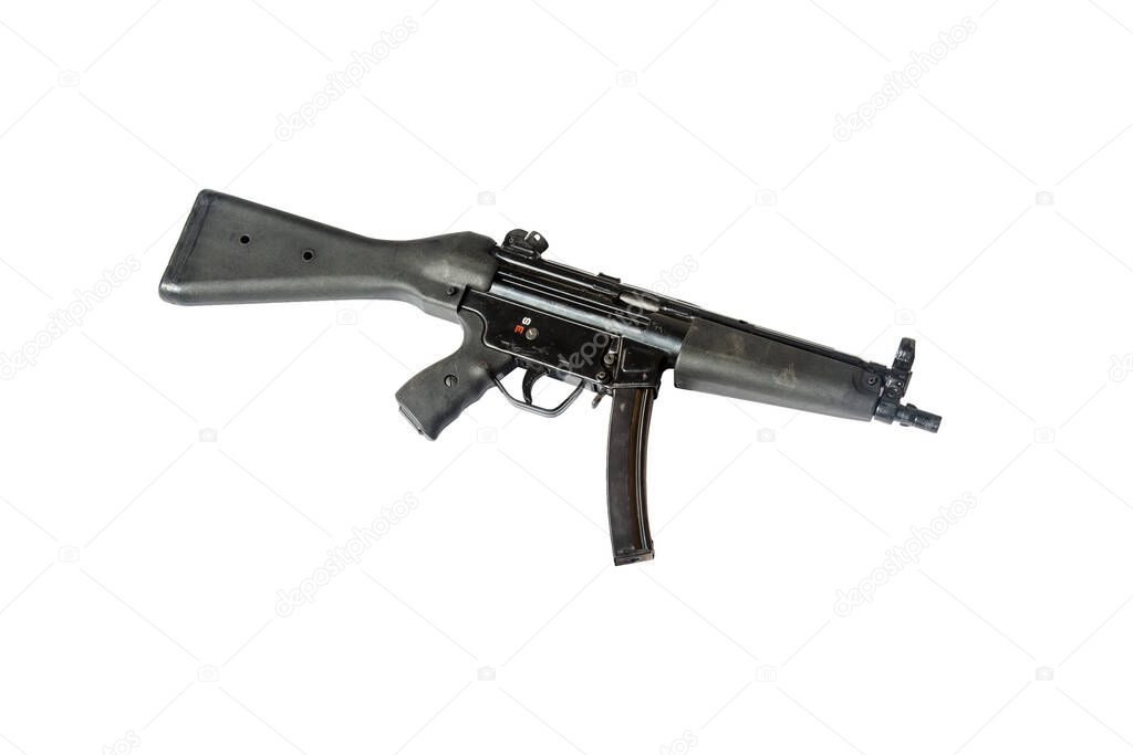 An MP5 9mm submachine gun isolated on a white background