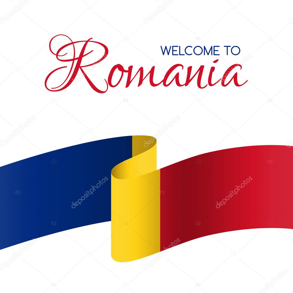 Welcome to Romania. Vector card with national flag of Romania