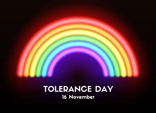Biglietto del giorno di tolleranza. Arcobaleno incandescente al neon vettoriale — Vettoriale Stock