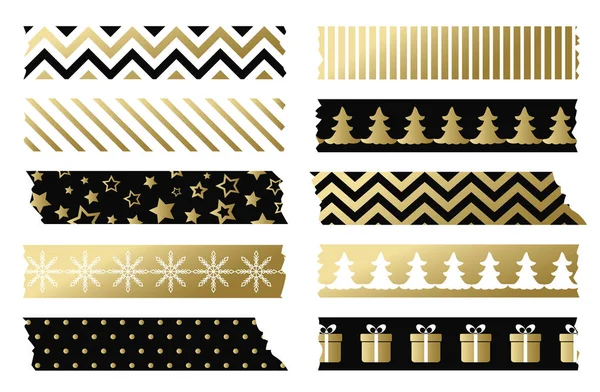 Zwart en goud Christmas washi tapes. Vector set plakband — Stockvector